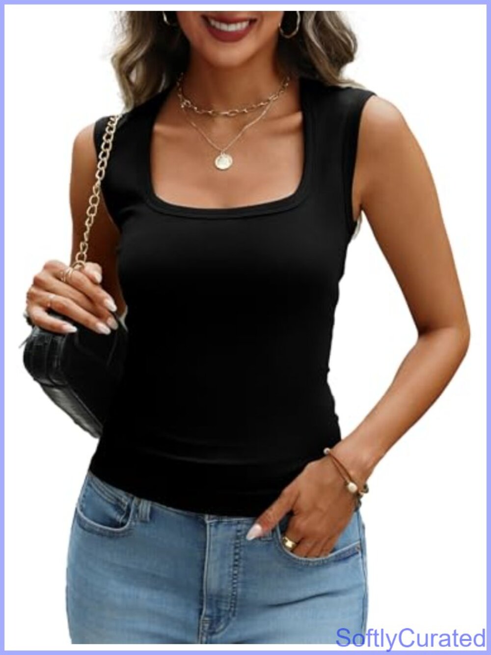 Women's Cotton Square Neck Tank Top Slim Fit Sleeveless Summer Basic Shirt